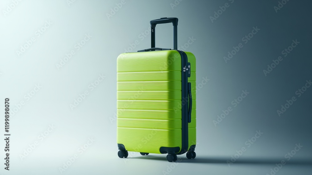 Modern lightweight suitcase in vibrant lime green, positioned on a minimalist white background Modern lightweight suitcase in vibrant lime green, positioned on a minimalist white background