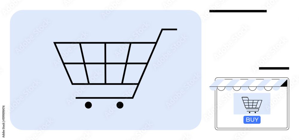 Shopping cart with two black wheels and handle, storefront with striped awning, blue buy button. Ideal for e-commerce, online retail, shopping experience, digital marketing, customer journey, website Shopping cart with two black wheels and handle, storefront with striped awning, blue buy button. Ideal for e-commerce, online retail, shopping experience, digital marketing, customer journey, website