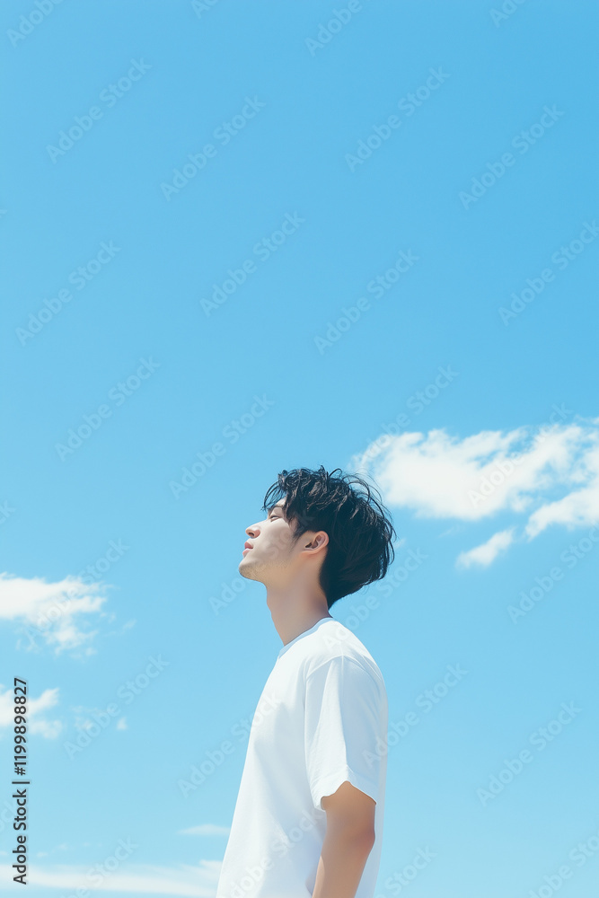 青空と男性、Tシャツ、夏 青空と男性、Tシャツ、夏