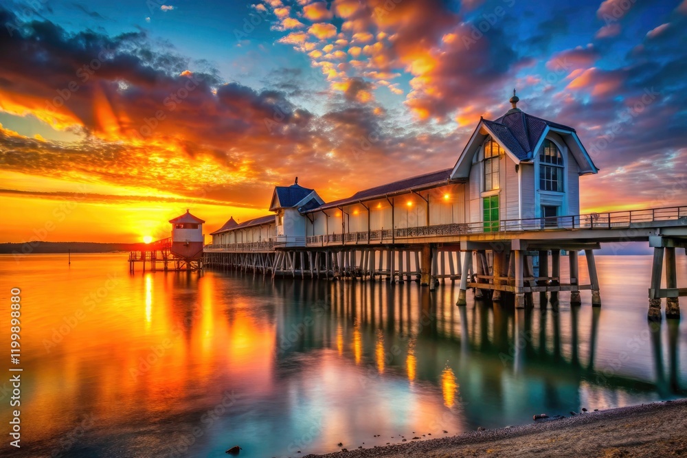 Fototapeta premium Welsh coastal beauty: Penarth Pier's silhouette framed by a fiery sunset sky.