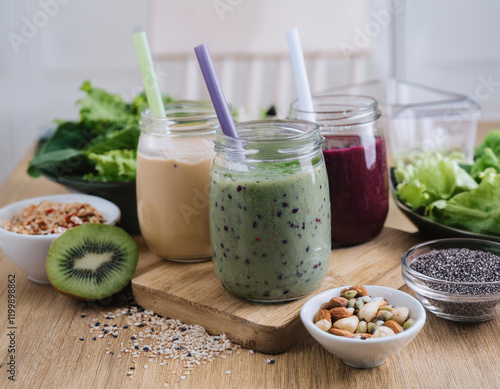 Colorful selection of nutritious smoothies and fresh salads on a wooden table showcasing healthy eating choices photo