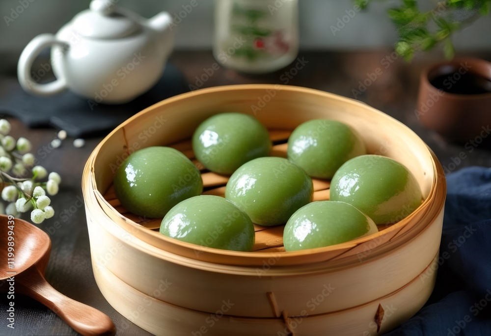 Steamed green mochi in bamboo steamer. Steamed green mochi in bamboo steamer.
