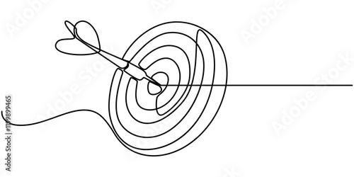 A dart hitting dartboard one line art drawing, Single continuous line drawing of archery target pad was shot with arrows. Archery sport exercise with target board concept. Trendy one line draw design.