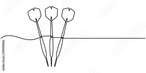 A dart hitting dartboard one line art drawing, Single continuous line drawing of archery target pad was shot with arrows. Archery sport exercise with target board concept. Trendy one line draw design.