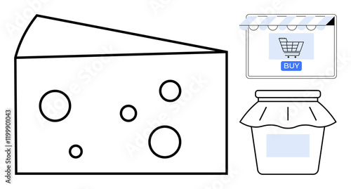 Cheese with holes, jar with cloth cover, and e-commerce store with shopping cart and buy button. Ideal for online grocery, food delivery, e-commerce, digital shopping, convenience, culinary arts