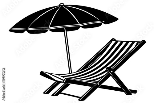 Silhouette of Beach Chair and Umbrella on White Background