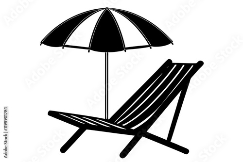 Silhouette of Beach Chair and Umbrella on White Background