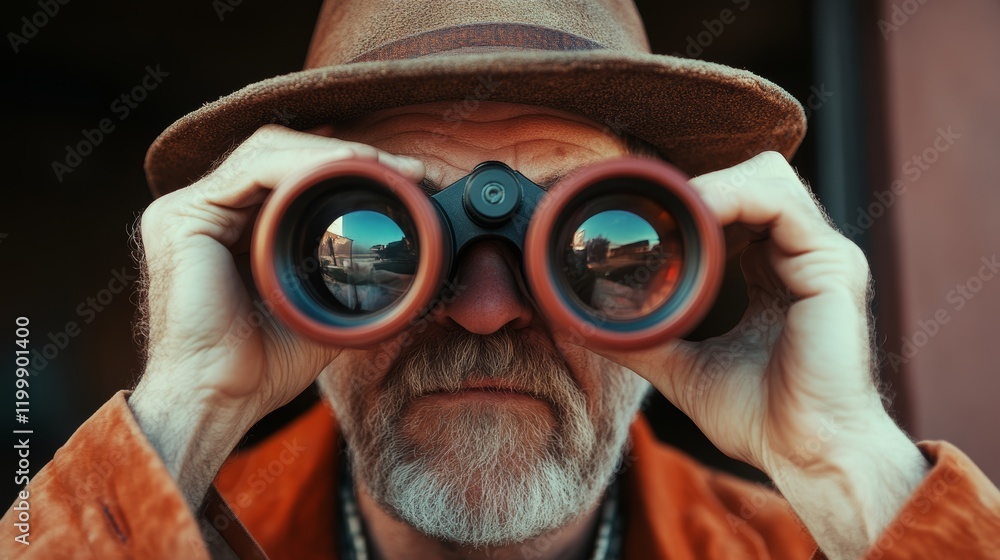 Curious Explorer with Binoculars on a Vibrant Orange Backdrop Curious Explorer with Binoculars on a Vibrant Orange Backdrop