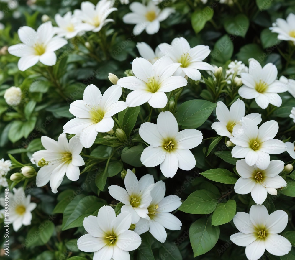 Close-up of blooming white flowers surrounded by green leaves, delicate, vibrant Close-up of blooming white flowers surrounded by green leaves, delicate, vibrant