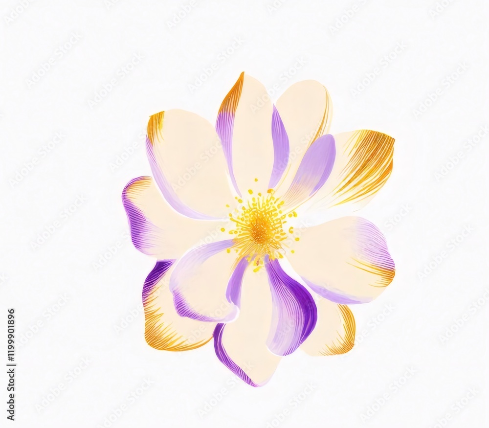 Painted purple yellow flower, white background, design element. Painted purple yellow flower, white background, design element.