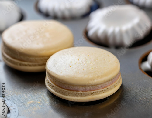 Preparation of French macarons showcasing smooth shells and delicate texture in a baking environment photo