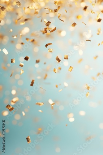 Golden confetti falling against a soft blue background