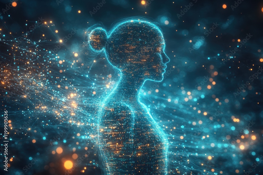 Digital human figure with futuristic glowing network in abstract space Digital human figure with futuristic glowing network in abstract space