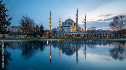 Sultan Ahmed Mosque twilight reflection, Istanbul. Travel, tourism, architecture. photo