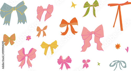Vector clip art multicolored bows on white isolated background. Abstract collection of ribbon illustrations. Designs for greeting cards, stickers, social media, posters.