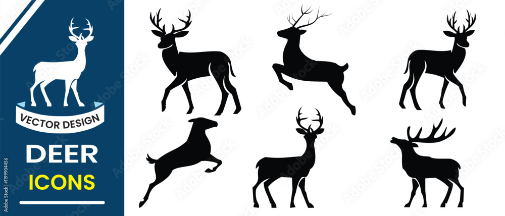 Obraz premium Deer vector, silhouette design. Silhouettes of deer icon. Set of wild deer silhouettes isolated on white background. Male and female deer vector illustration.