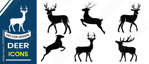 Deer vector, silhouette design. Silhouettes of deer icon. Set of wild deer silhouettes isolated on white background. Male and female deer vector illustration.