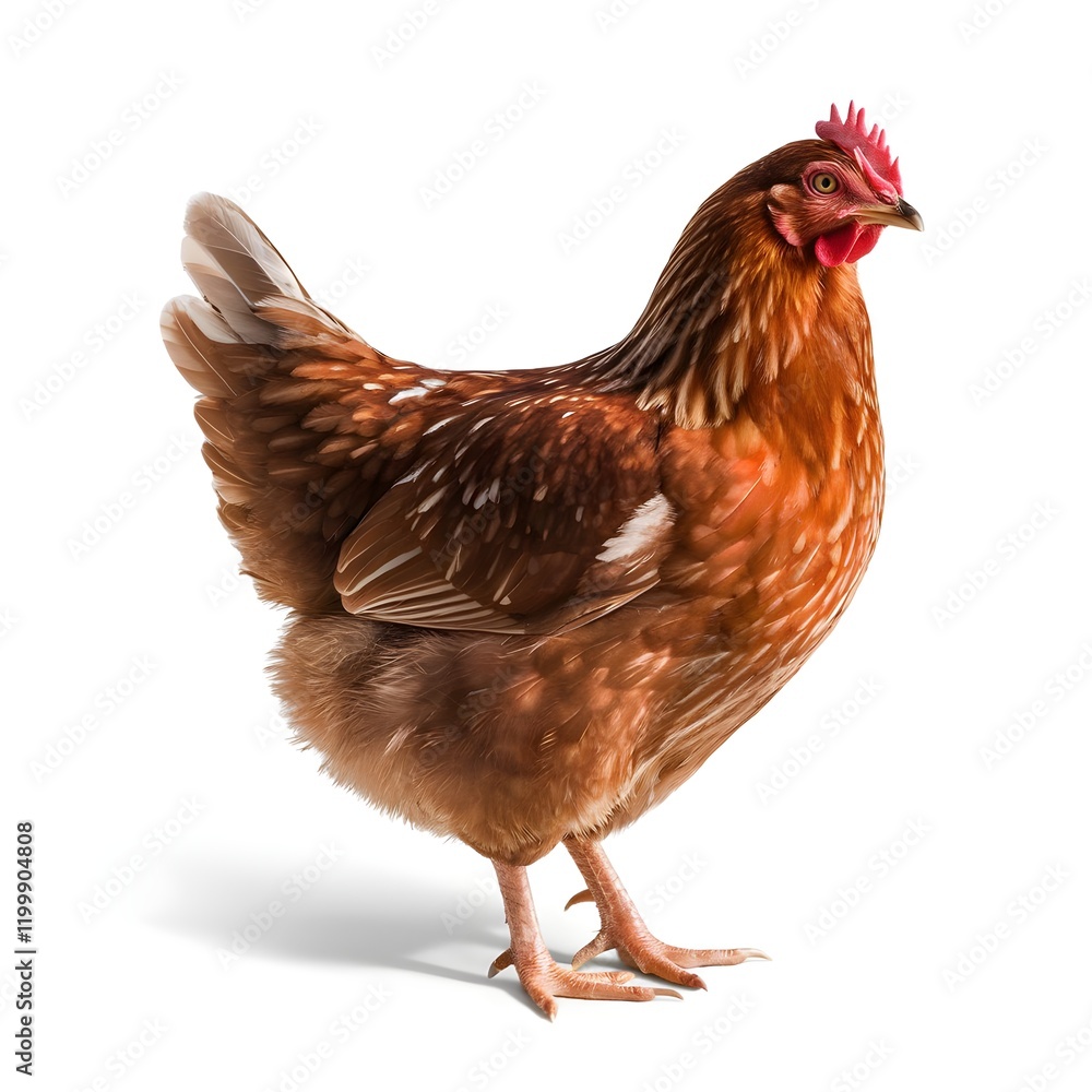 Fototapeta premium A brown chicken stands on a clean white background, showcasing its feathers and posture.