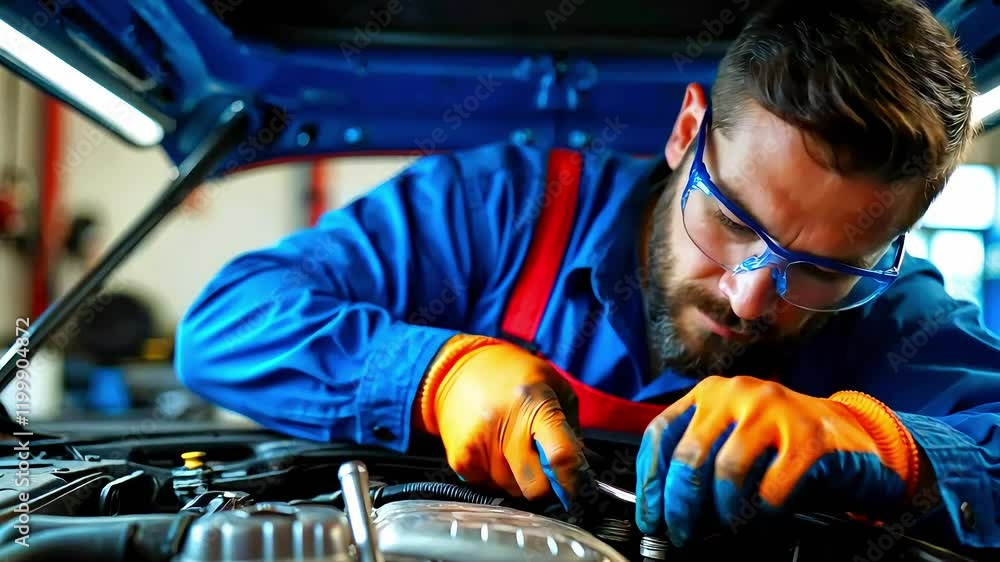 Automotive Mechanic Working Under Car Hood in Workshop Automotive Mechanic Working Under Car Hood in Workshop