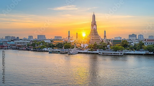 Sunset over Arun Temple, Bangkok, Thailand. Riverfront cityscape. Travel tourism.