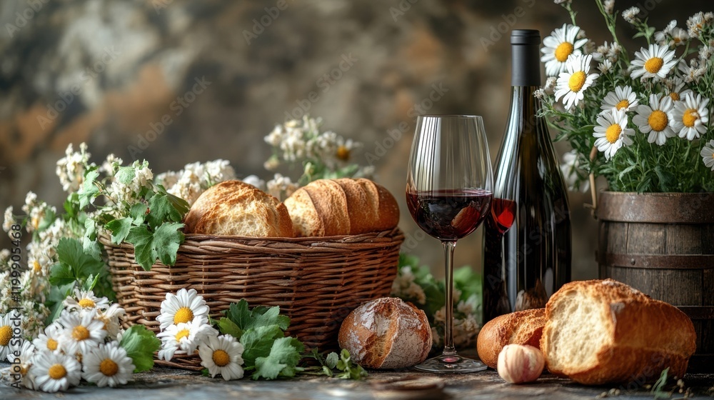 Rustic picnic setting with wine, bread, and wildflowers on wooden table Rustic picnic setting with wine, bread, and wildflowers on wooden table