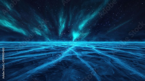 Ethereal Aurora Over Icey Landscape Under Starry Night Sky