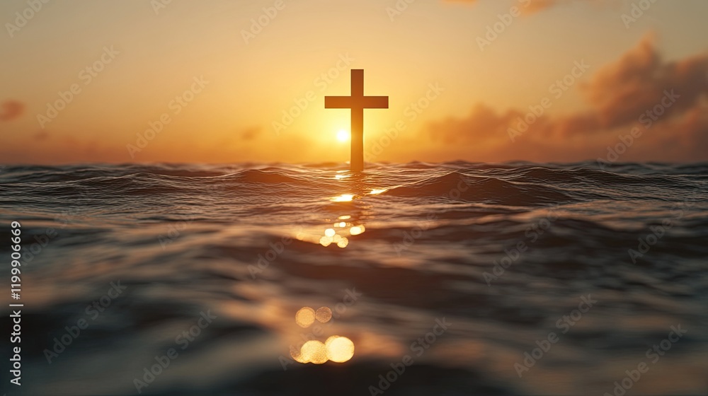 Serene sunset over a cross in tranquil ocean waters Serene sunset over a cross in tranquil ocean waters