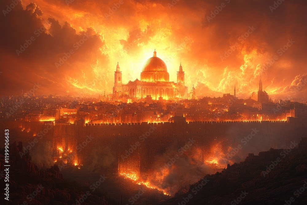 Obraz premium Mysterious city engulfed in flames under an apocalyptic sky at dusk