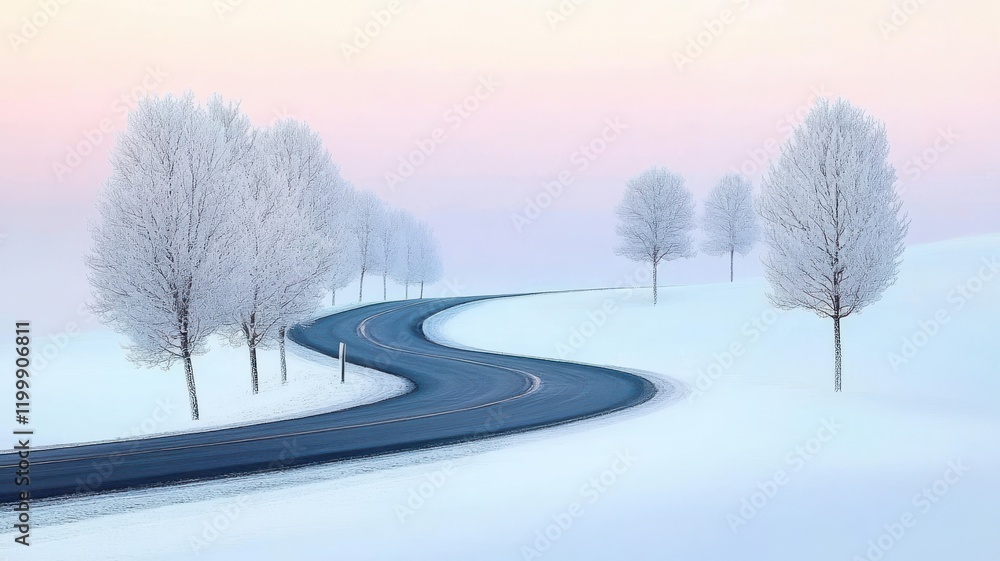 Obraz premium Serene winter landscape featuring a winding road through snow-covered trees.