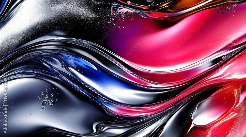 Obraz premium Abstract Fluid Art Vibrant Swirls of Red, Blue, and Silver in a Glossy, Liquid Galaxy