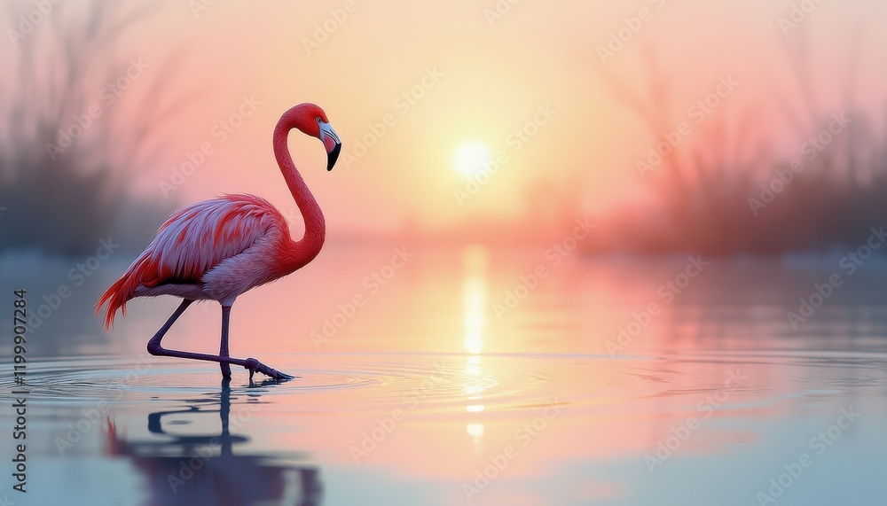 Fototapeta premium Vibrant Pink Flamingo Reflection at Sunset: 3D Watercolor Art in Warm Hues