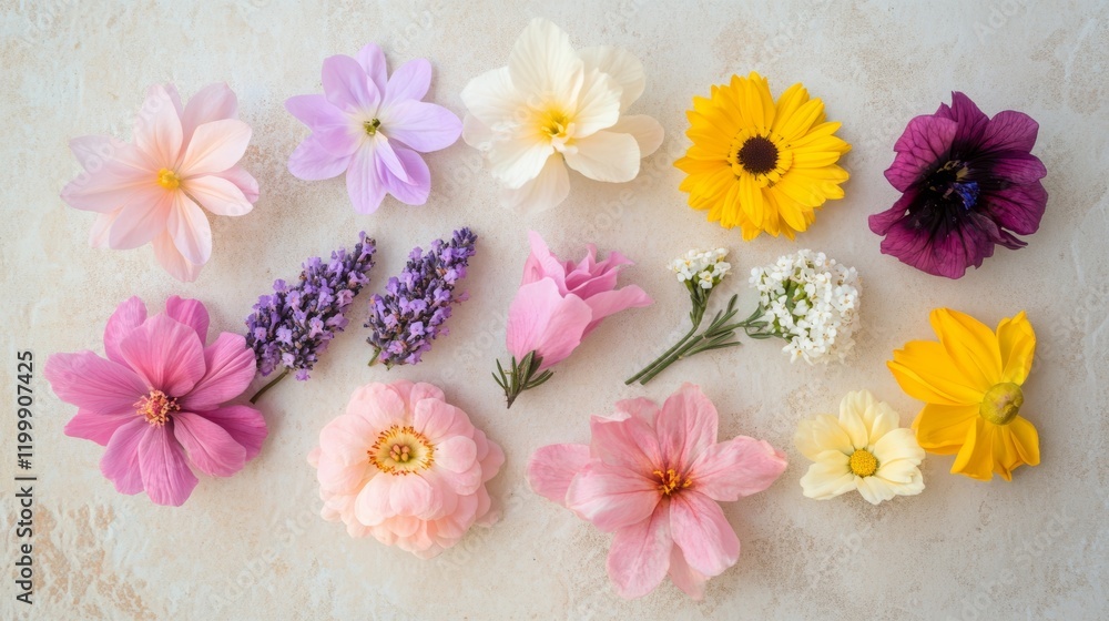 A top view of various spring flowers arranged on a light surface A top view of various spring flowers arranged on a light surface