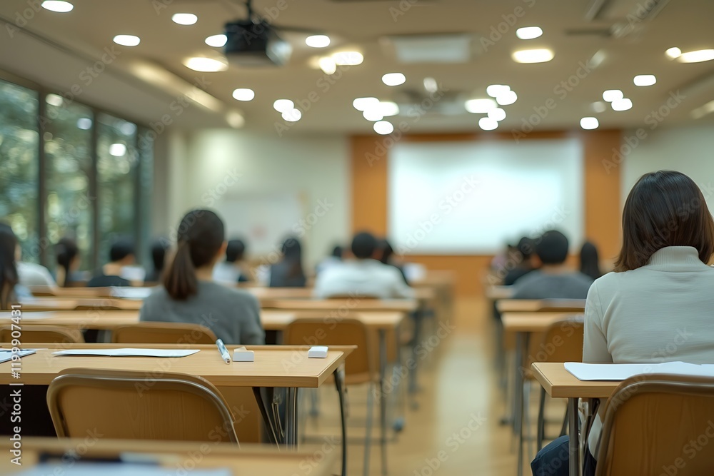 Bright Classroom with Students at Desks and Projector Bright Classroom with Students at Desks and Projector