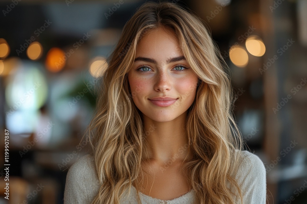 Obraz premium Young woman smiles warmly in a cozy cafe during daylight, radiating confidence and joy