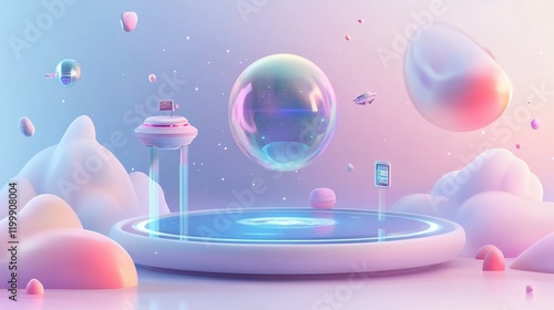 Pastel Dreamspace: A Futuristic Scene of Soft Colors and Floating Objects photo