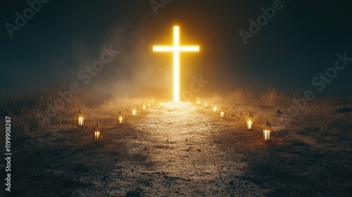 Illuminated cross pathway surrounded by lanterns at night