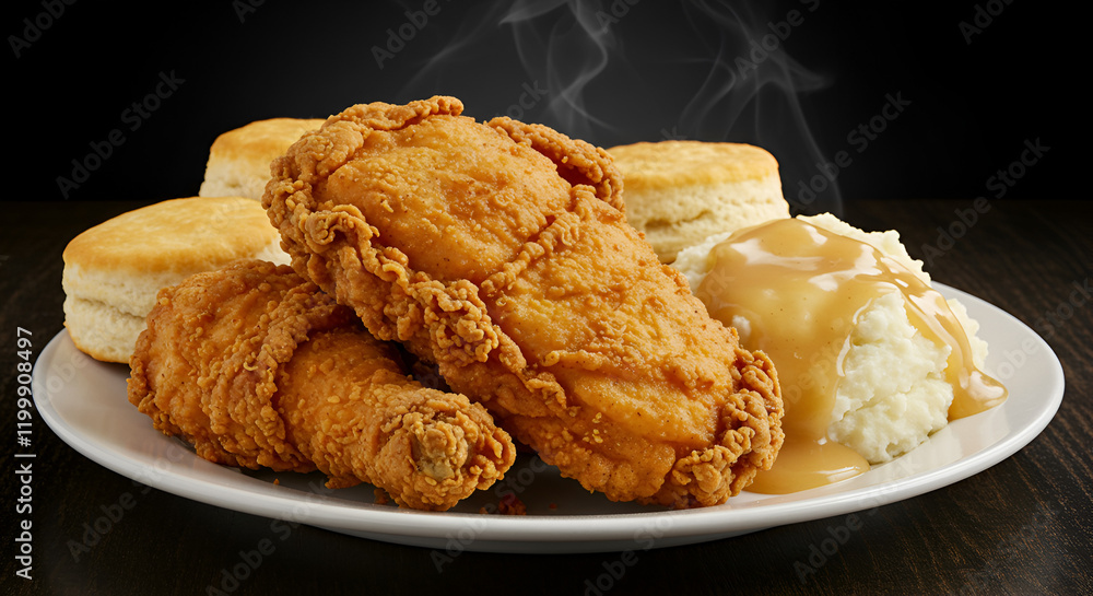 A plate of golden, crispy Southern-style fried chicken, served with a side of mashed potatoes, gravy, and buttery biscuits.