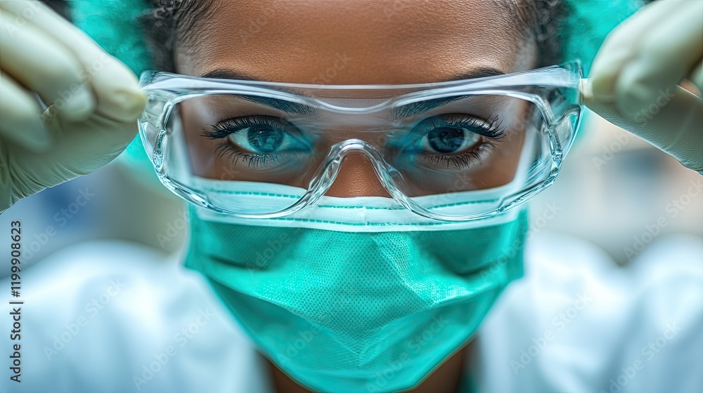 Medical professional preparing for a procedure with protective gear Medical professional preparing for a procedure with protective gear