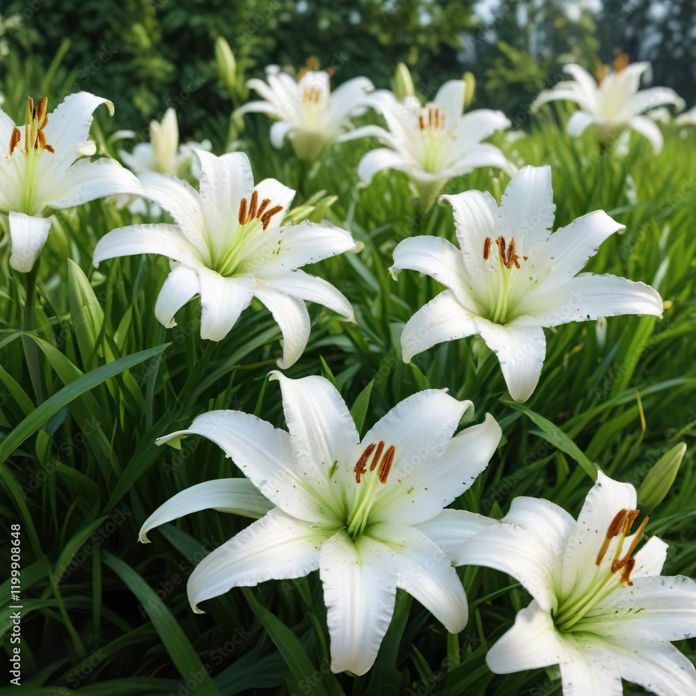 Close-up of white lilies blooming among blades of green grass, fresh, vibrant, flora, flora Close-up of white lilies blooming among blades of green grass, fresh, vibrant, flora, flora