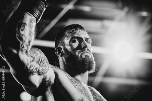A wrestler posing for the camera backstage, flexing their muscles with intense confidence and determination photo