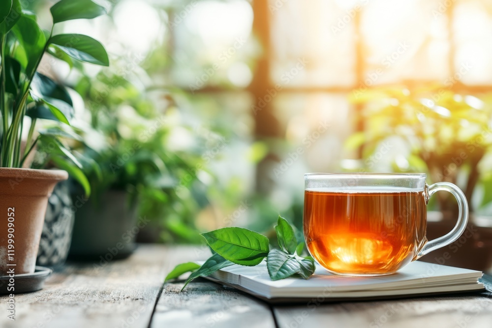 A writer taking a break from their laptop to sip tea, with a notebook full of handwritten ideas nearby A writer taking a break from their laptop to sip tea, with a notebook full of handwritten ideas nearby