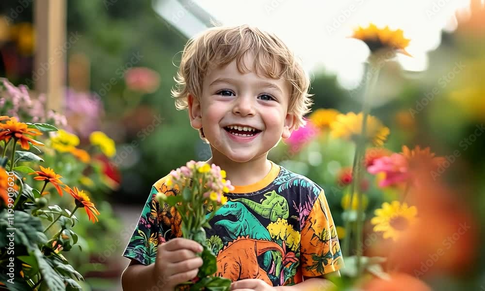 Happy child holding flowers in a vibrant garden setting