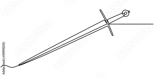 Continuous line drawing of sword, doodle icon design, object one line, single line art, vector illustration, Hand holding sword continuous line art drawing. Hand-drawn sword outline vector isolated.