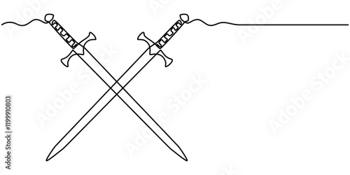 Continuous line drawing of sword, doodle icon design, object one line, single line art, vector illustration, Hand holding sword continuous line art drawing. Hand-drawn sword outline vector isolated.