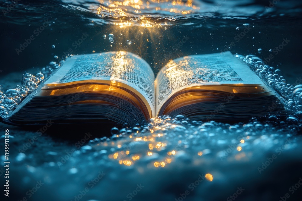 Fototapeta premium Book submerged in water creating a surreal underwater atmosphere with bubbles and warm light reflections