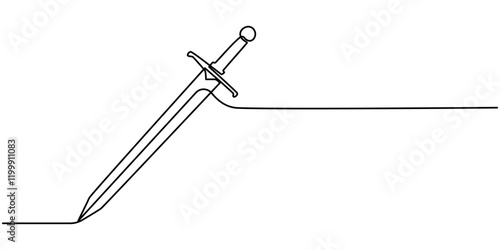 Continuous line drawing of sword, doodle icon design, object one line, single line art, vector illustration, Hand holding sword continuous line art drawing. Hand-drawn sword outline vector isolated.
