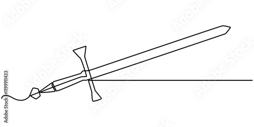 Continuous line drawing of sword, doodle icon design, object one line, single line art, vector illustration, Hand holding sword continuous line art drawing. Hand-drawn sword outline vector isolated.
