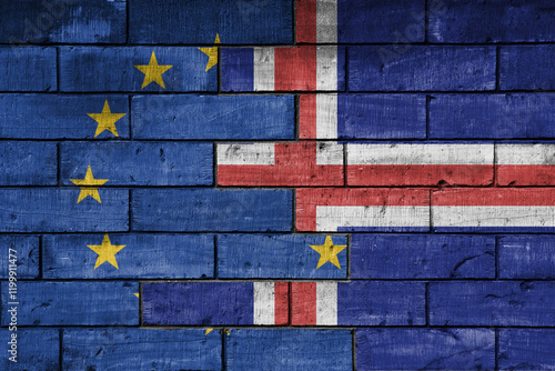 Bild auf Leinwand colourful painted big flag of european union and flag of iceland on a massive old brick wall background