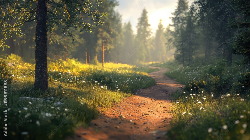 Fototapeta premium Serene forest pathway illuminated by soft sunlight