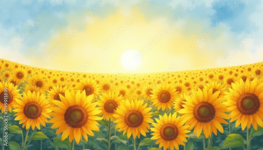 Fototapeta premium Vibrant Sunflower Field Illuminated by Setting Sun: Golden Petals Against Blue and White Sky